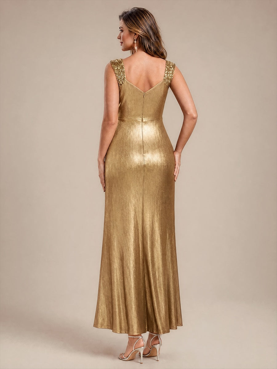 Jersey Ajustée Col V Sans Manches Robe de Soirée #Couleur_Dorée