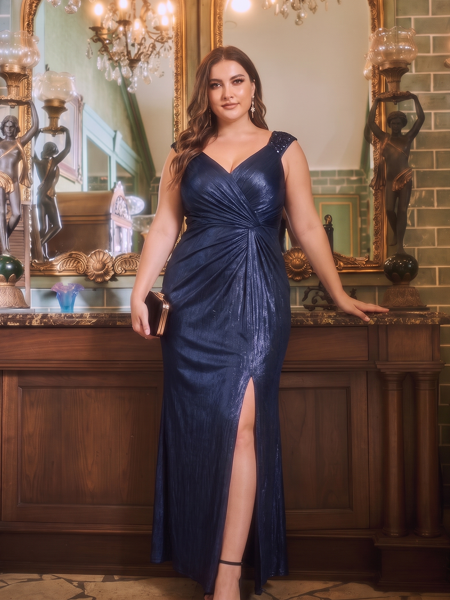 Jersey Ajustée Col V Sans Manches Robe de Soirée #Couleur_Bleu Marine