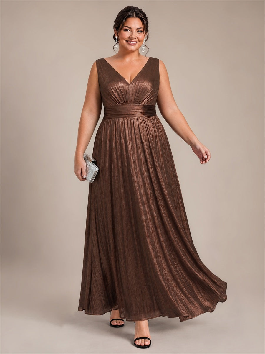 Robe A-Line sans manches très extensible avec décolleté en V et fermeture éclair au dos #Couleur_Marron chocolat