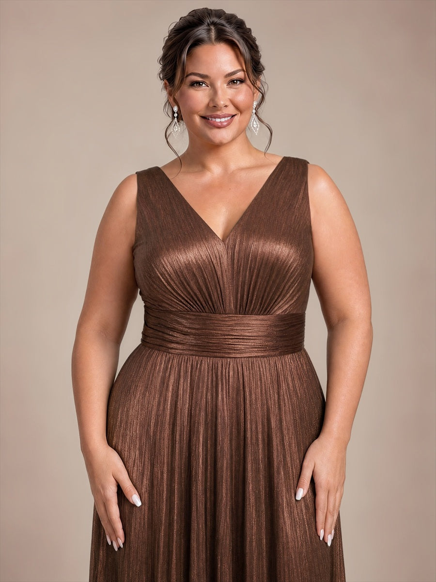 Robe A-Line sans manches très extensible avec décolleté en V et fermeture éclair au dos #Couleur_Marron chocolat