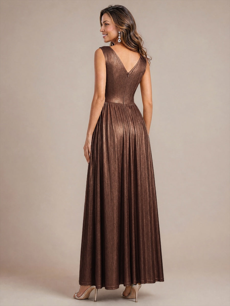 Robe A-Line sans manches très extensible avec décolleté en V et fermeture éclair au dos #Couleur_Marron chocolat