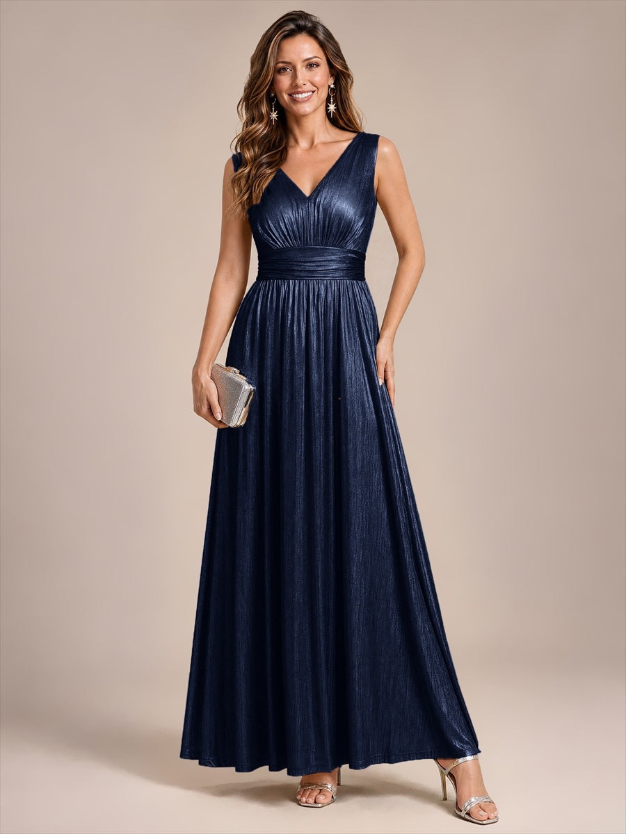 Robe A-Line sans manches très extensible avec décolleté en V et fermeture éclair au dos #Couleur_Bleu Marine