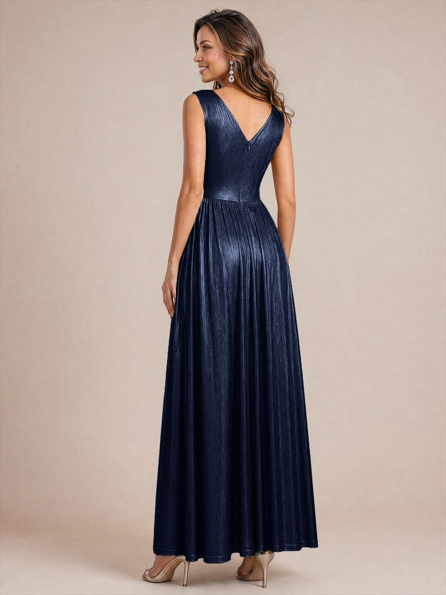 Robe A-Line sans manches très extensible avec décolleté en V et fermeture éclair au dos #Couleur_Bleu Marine