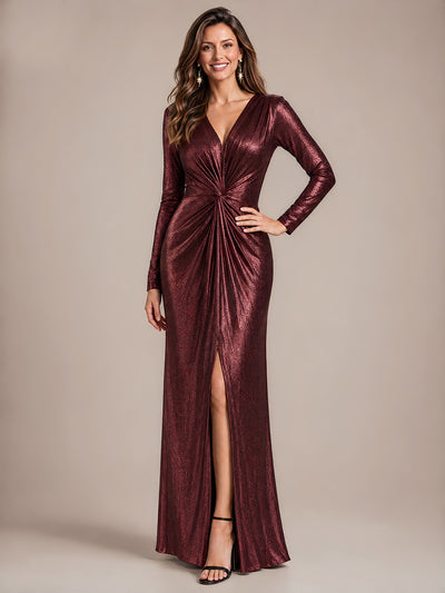Robe de soirée longue drapée à manches longues et fente