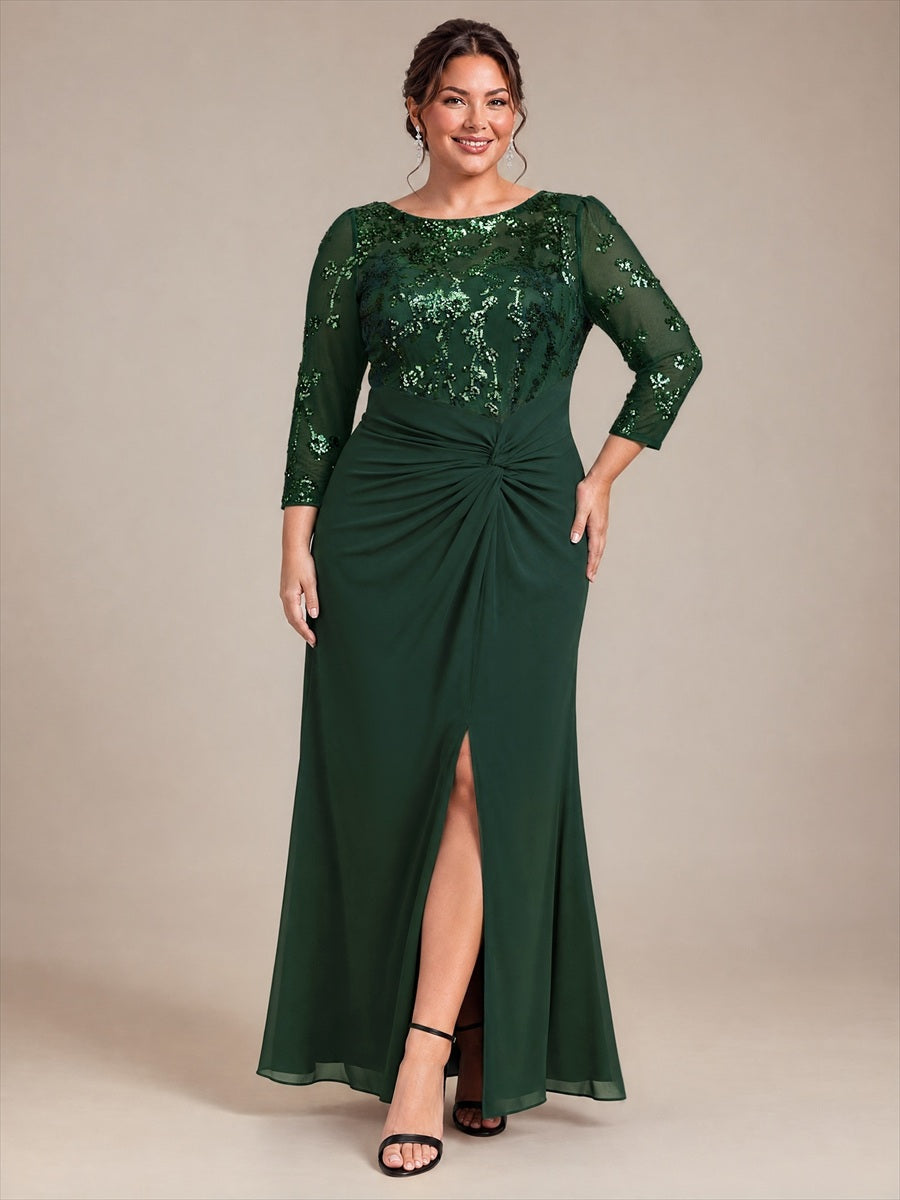 robe maxi à manches trois quarts col rond avec ourlet asymétrique et détail de nœud #Couleur_Vert forêt foncé