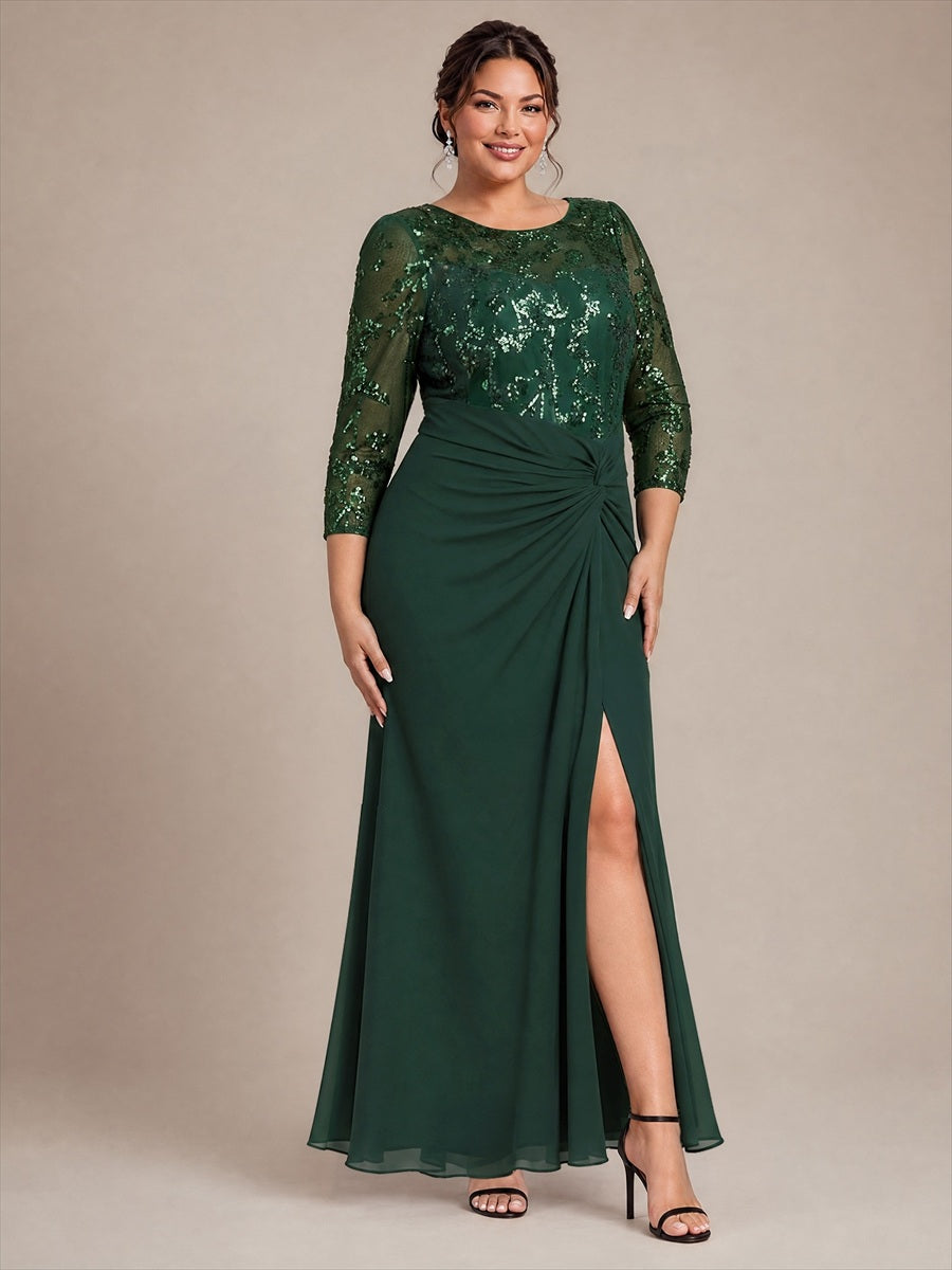 robe maxi à manches trois quarts col rond avec ourlet asymétrique et détail de nœud #Couleur_Vert forêt foncé