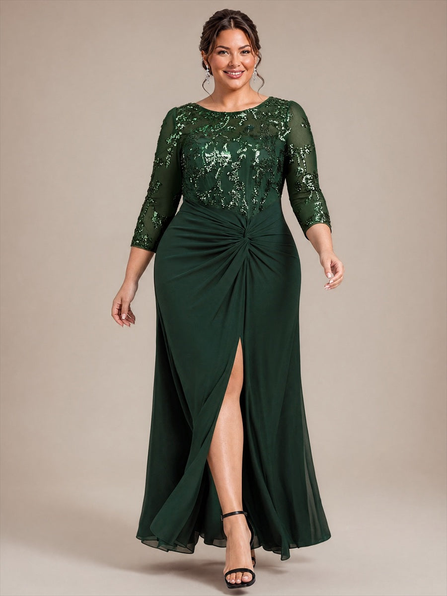 robe maxi à manches trois quarts col rond avec ourlet asymétrique et détail de nœud #Couleur_Vert forêt foncé