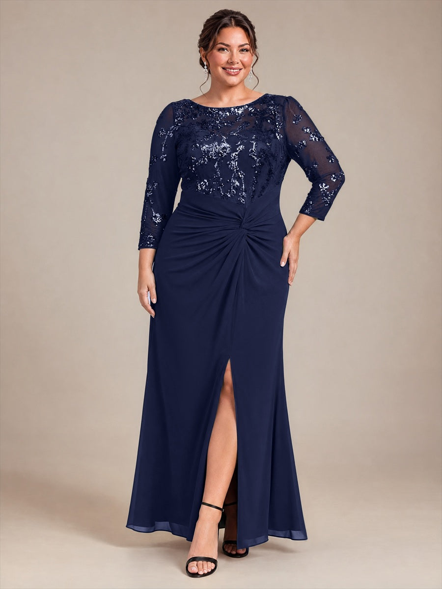 robe maxi à manches trois quarts col rond avec ourlet asymétrique et détail de nœud #Couleur_Bleu Marine