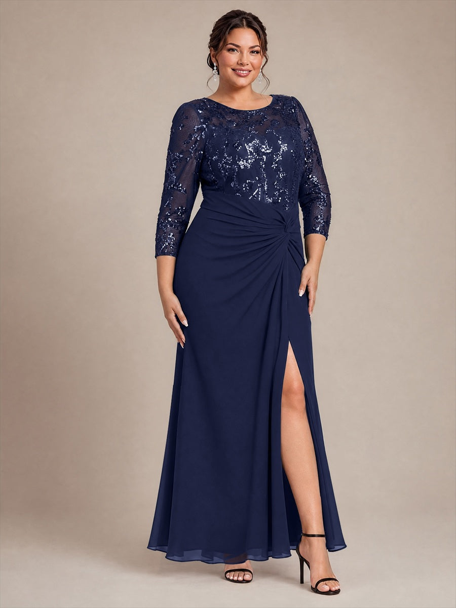 robe maxi à manches trois quarts col rond avec ourlet asymétrique et détail de nœud #Couleur_Bleu Marine