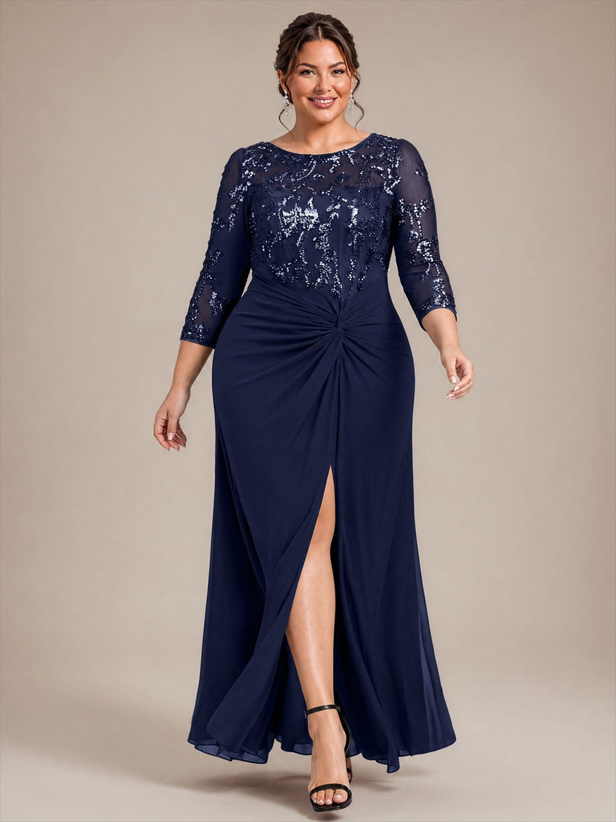 robe maxi à manches trois quarts col rond avec ourlet asymétrique et détail de nœud #Couleur_Bleu Marine