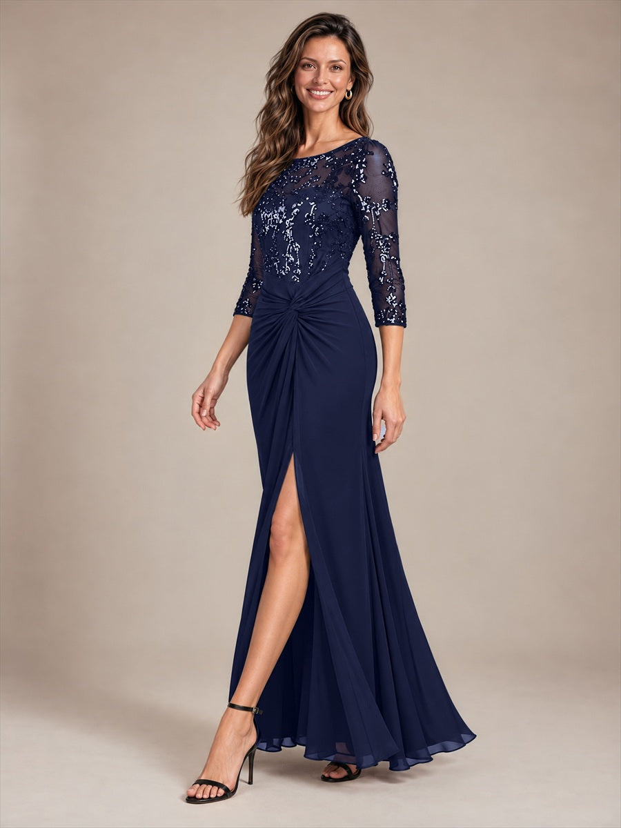 robe maxi à manches trois quarts col rond avec ourlet asymétrique et détail de nœud #Couleur_Bleu Marine