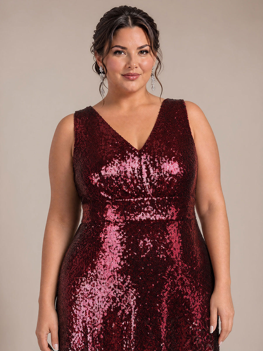 À sequins, col V, sans manches Robe de Soirée #Couleur_Bordeaux et rose