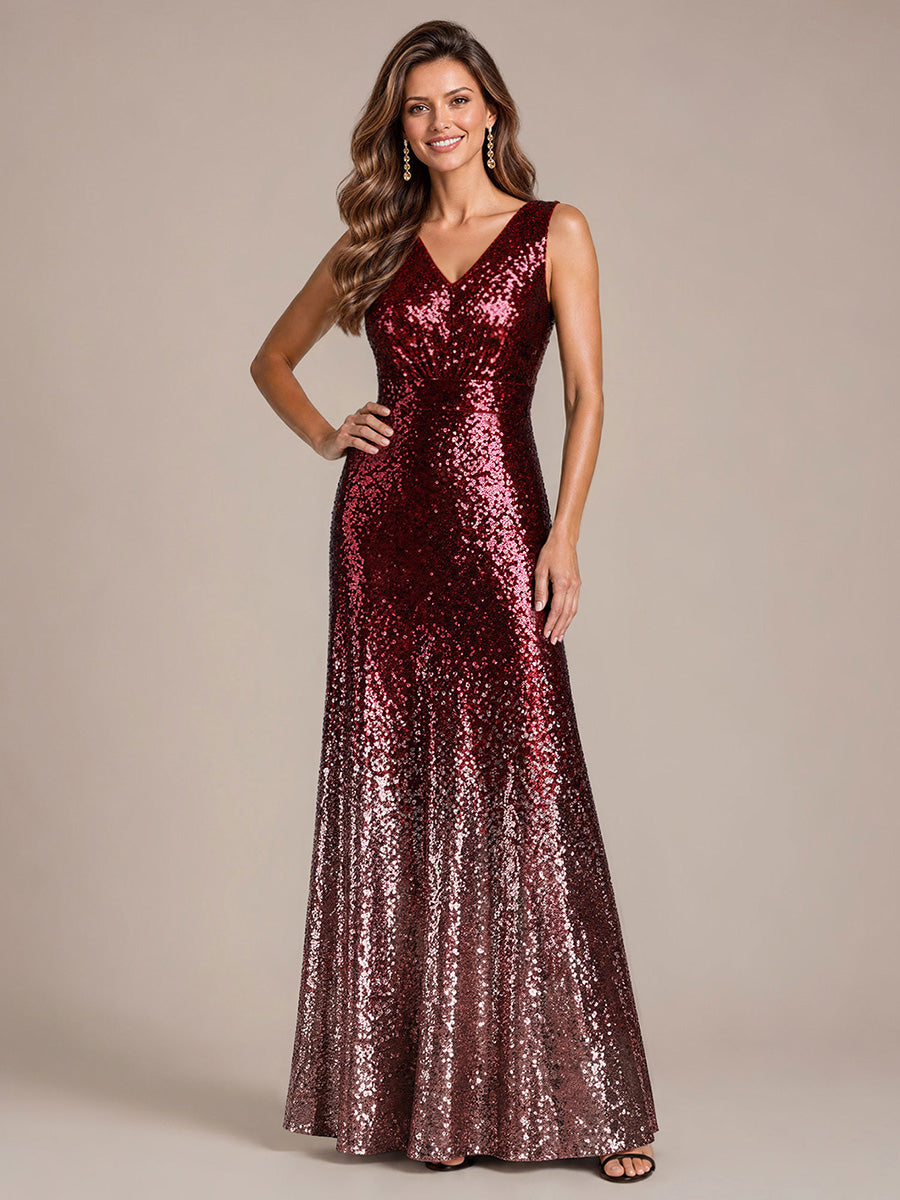 À sequins, col V, sans manches Robe de Soirée #Couleur_Bordeaux et rose
