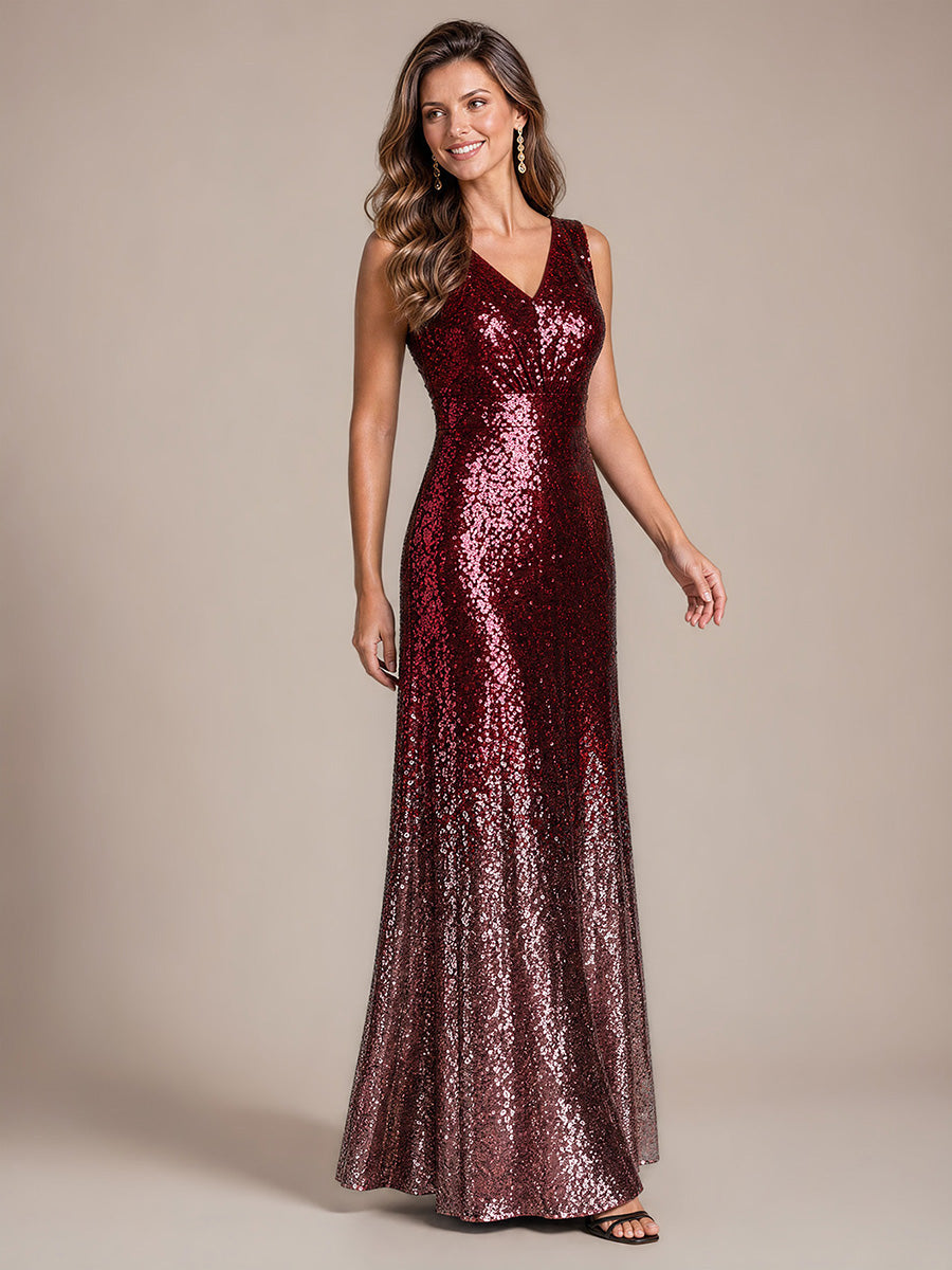 À sequins, col V, sans manches Robe de Soirée #Couleur_Bordeaux et rose