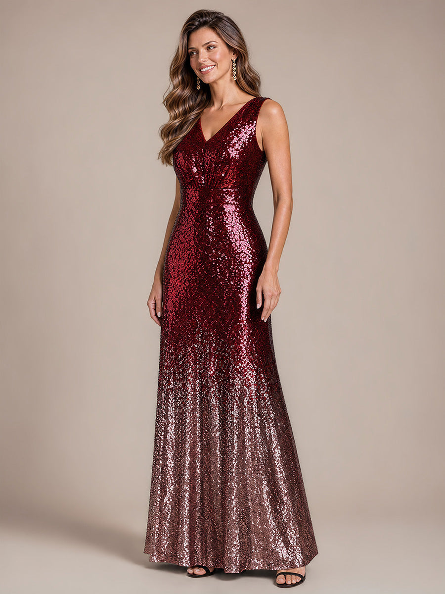 À sequins, col V, sans manches Robe de Soirée #Couleur_Bordeaux et rose