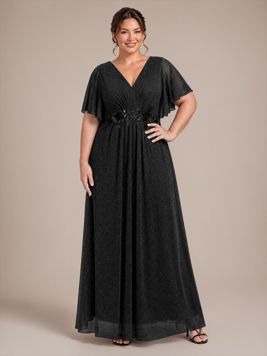 robe maxi plissée à manches courtes en V avec ourlet volant et fermeture éclair au dos #Couleur_Noir