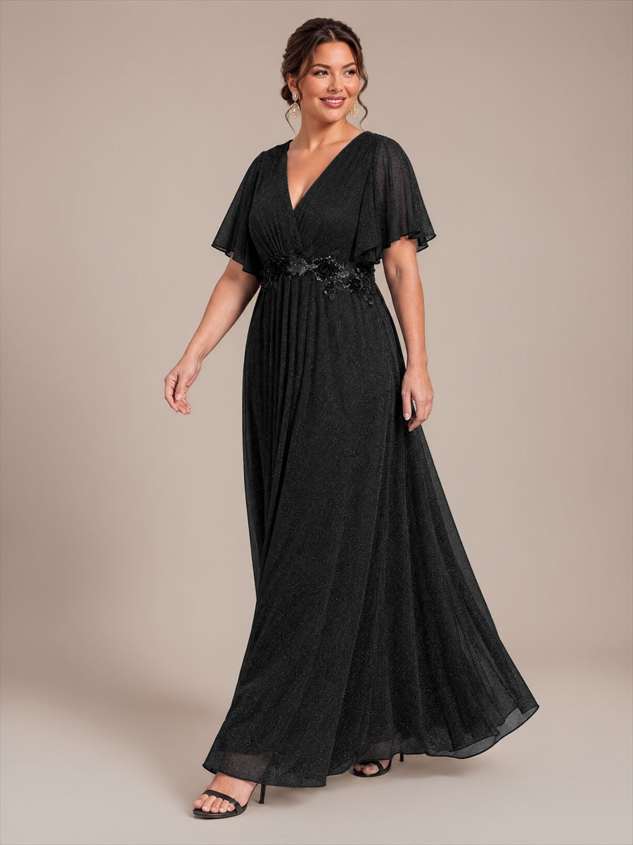 robe maxi plissée à manches courtes en V avec ourlet volant et fermeture éclair au dos #Couleur_Noir