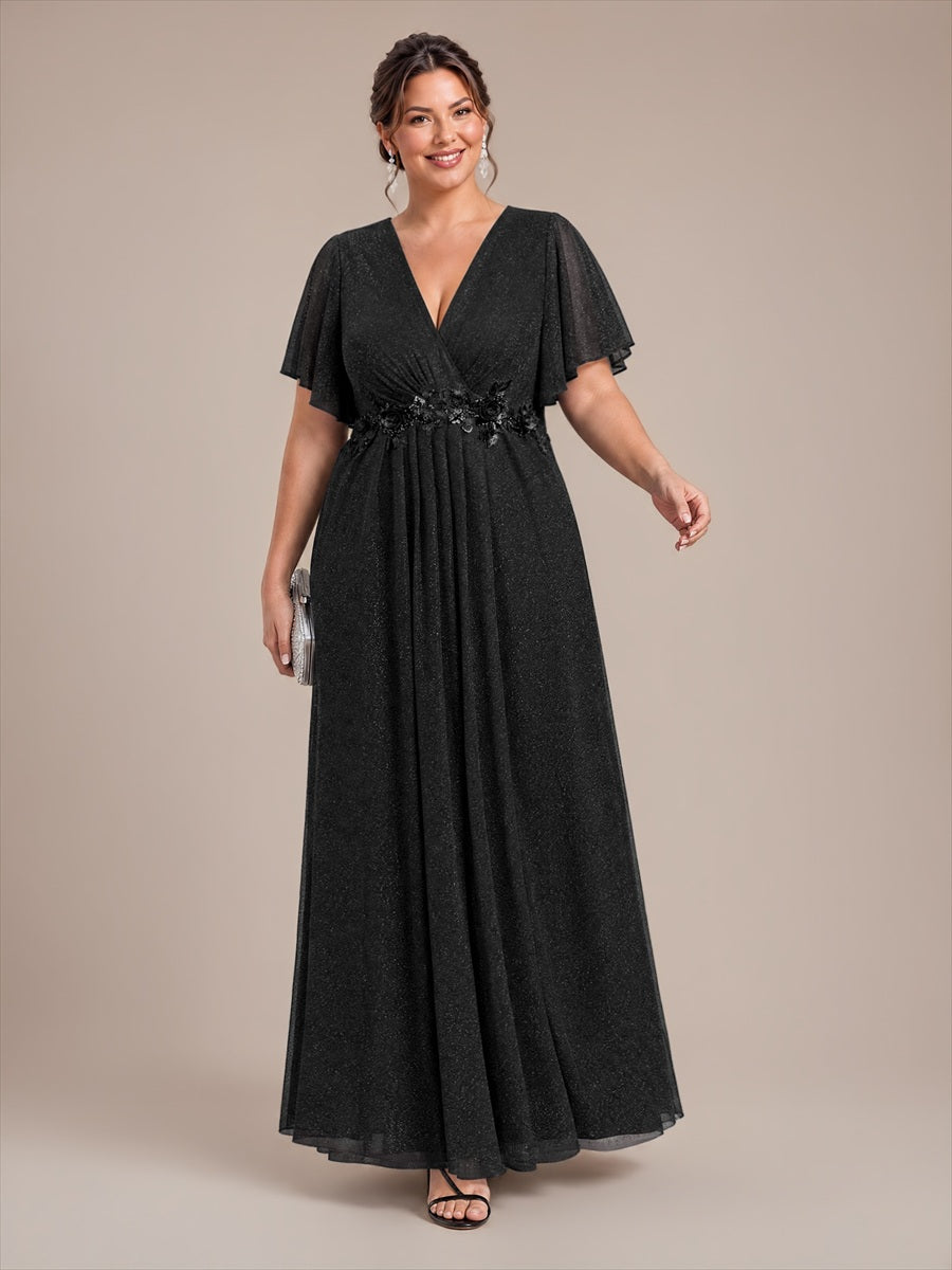 robe maxi plissée à manches courtes en V avec ourlet volant et fermeture éclair au dos #Couleur_Noir