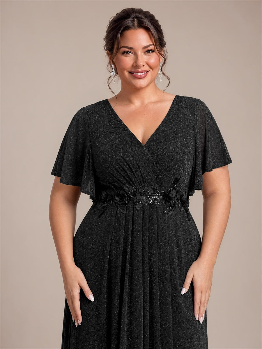 robe maxi plissée à manches courtes en V avec ourlet volant et fermeture éclair au dos #Couleur_Noir