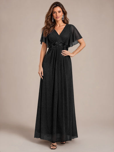Robe maxi plissée à manches courtes en V avec ourlet volant et fermeture éclair au dos