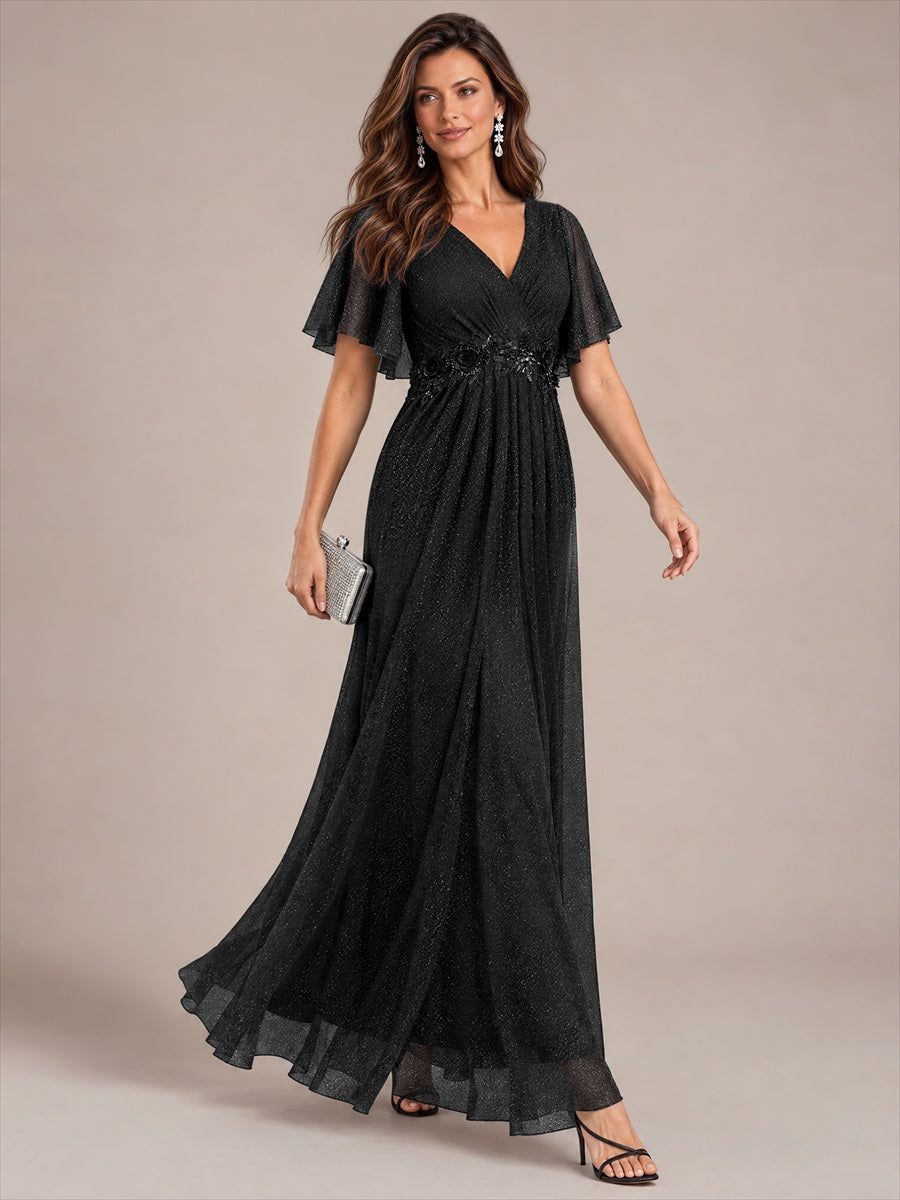 robe maxi plissée à manches courtes en V avec ourlet volant et fermeture éclair au dos #Couleur_Noir