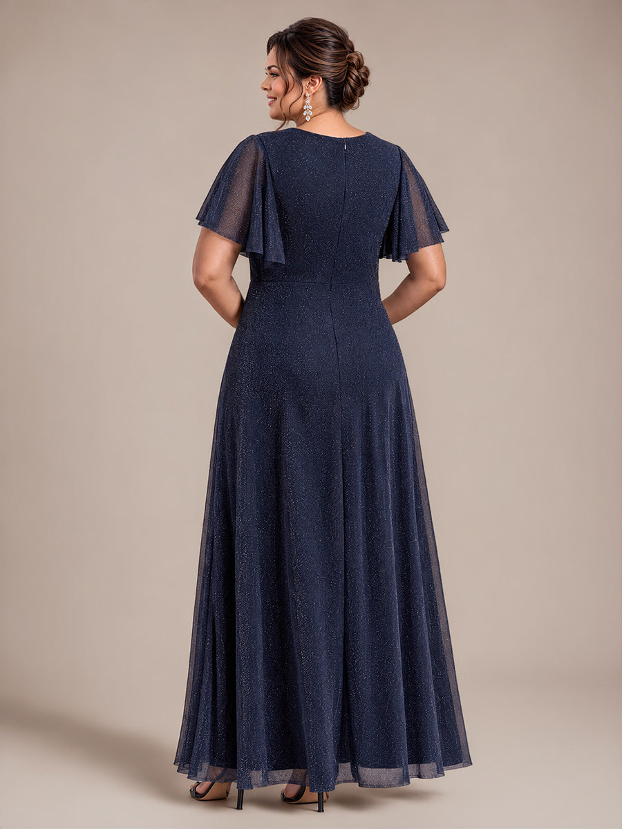 robe maxi plissée à manches courtes en V avec ourlet volant et fermeture éclair au dos #Couleur_Bleu Marine