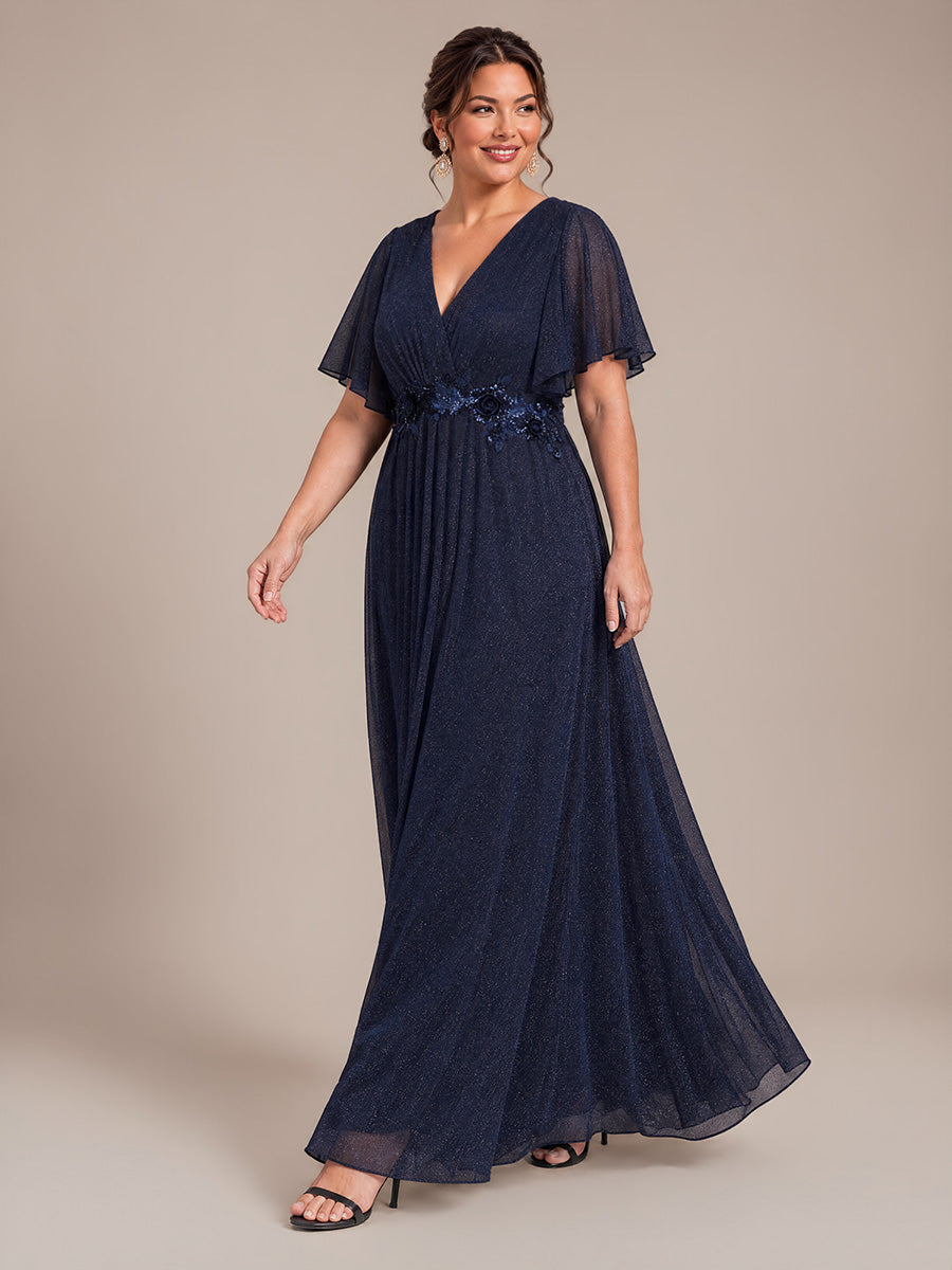 robe maxi plissée à manches courtes en V avec ourlet volant et fermeture éclair au dos #Couleur_Bleu Marine