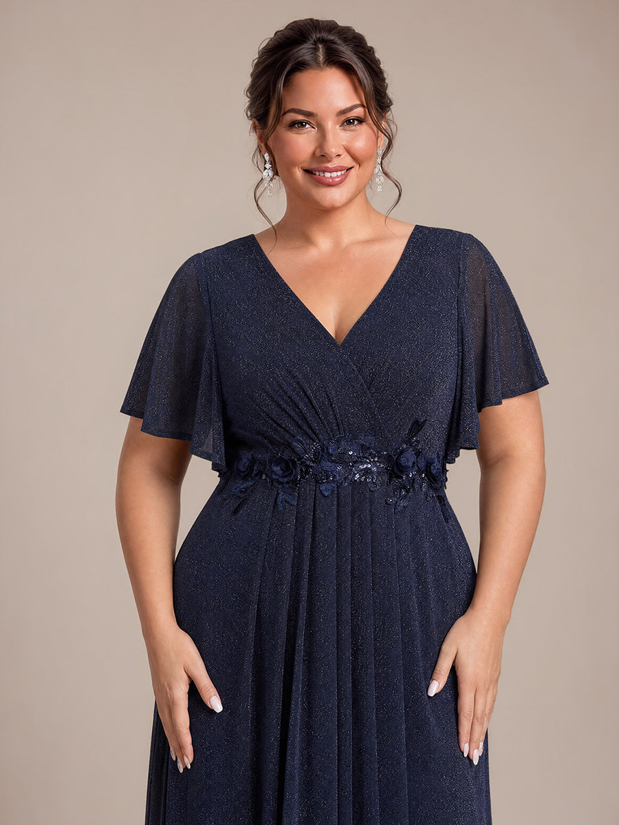 robe maxi plissée à manches courtes en V avec ourlet volant et fermeture éclair au dos #Couleur_Bleu Marine