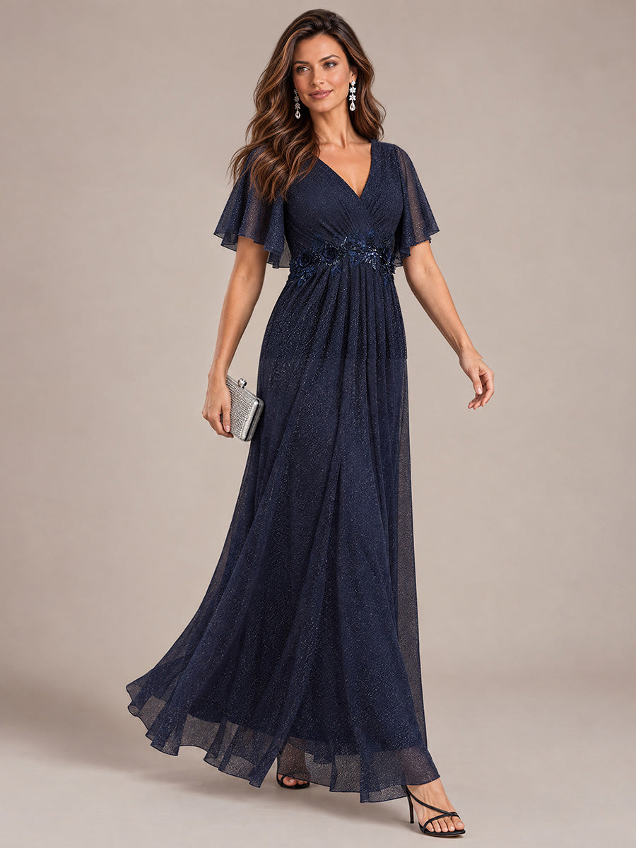 robe maxi plissée à manches courtes en V avec ourlet volant et fermeture éclair au dos #Couleur_Bleu Marine