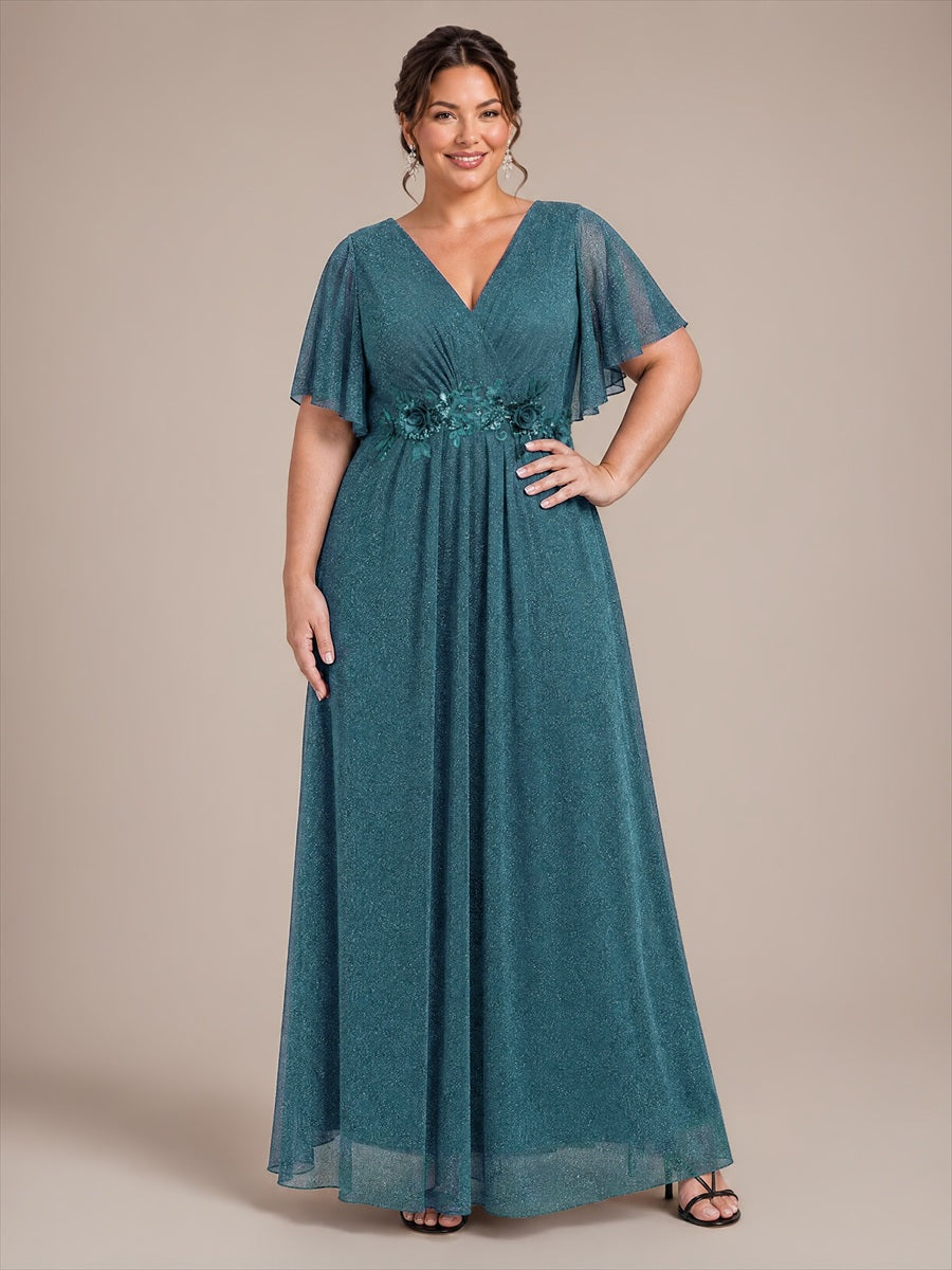 robe maxi plissée à manches courtes en V avec ourlet volant et fermeture éclair au dos #Couleur_Bleu Sarcelle