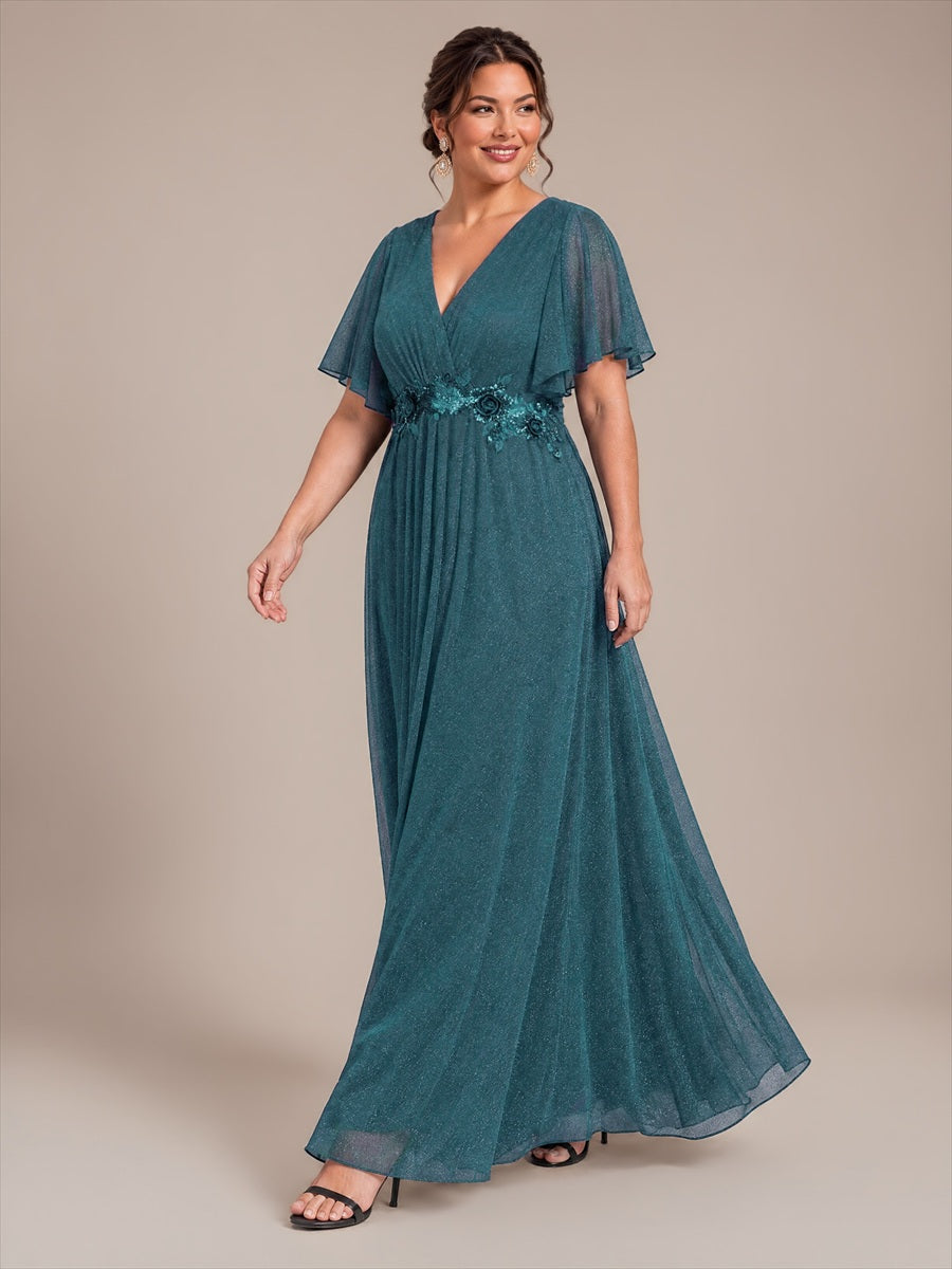 robe maxi plissée à manches courtes en V avec ourlet volant et fermeture éclair au dos #Couleur_Bleu Sarcelle