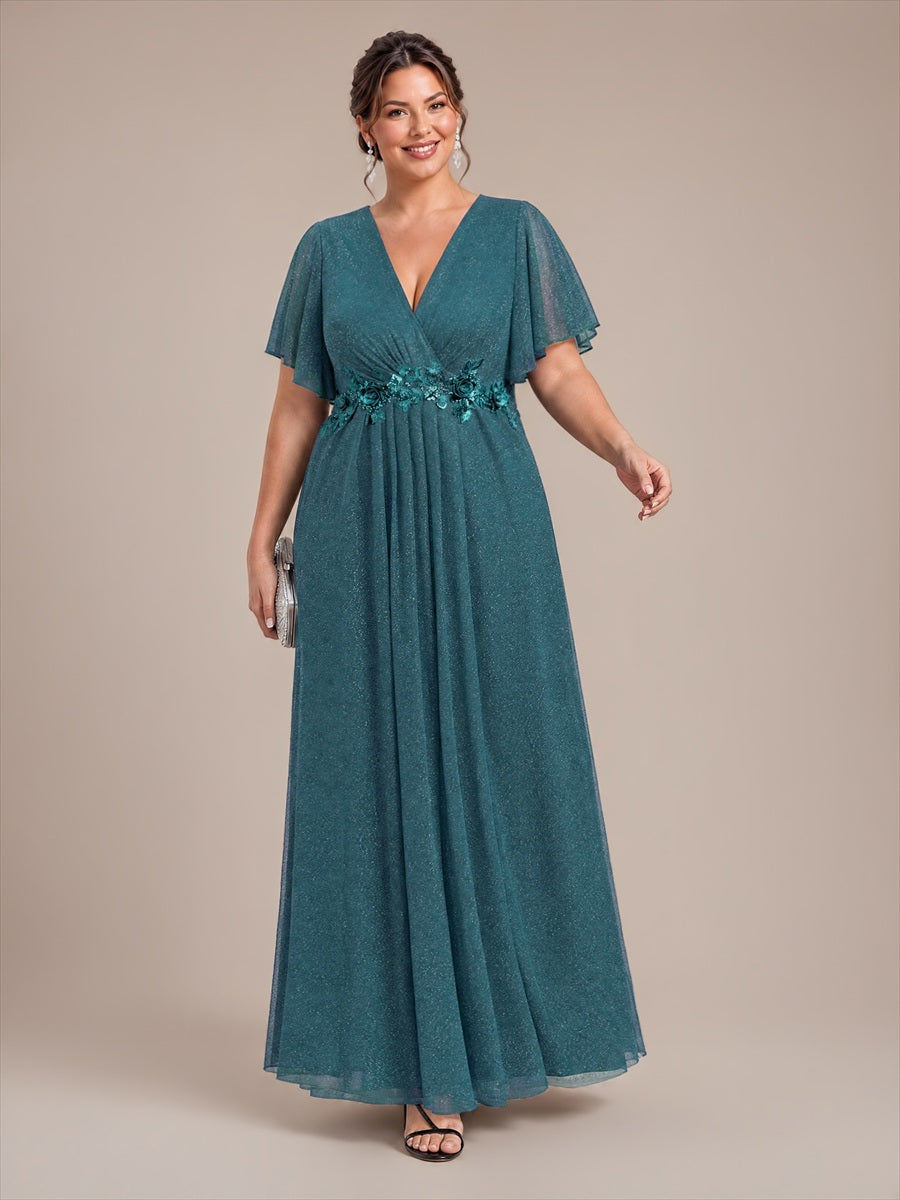 robe maxi plissée à manches courtes en V avec ourlet volant et fermeture éclair au dos #Couleur_Bleu Sarcelle