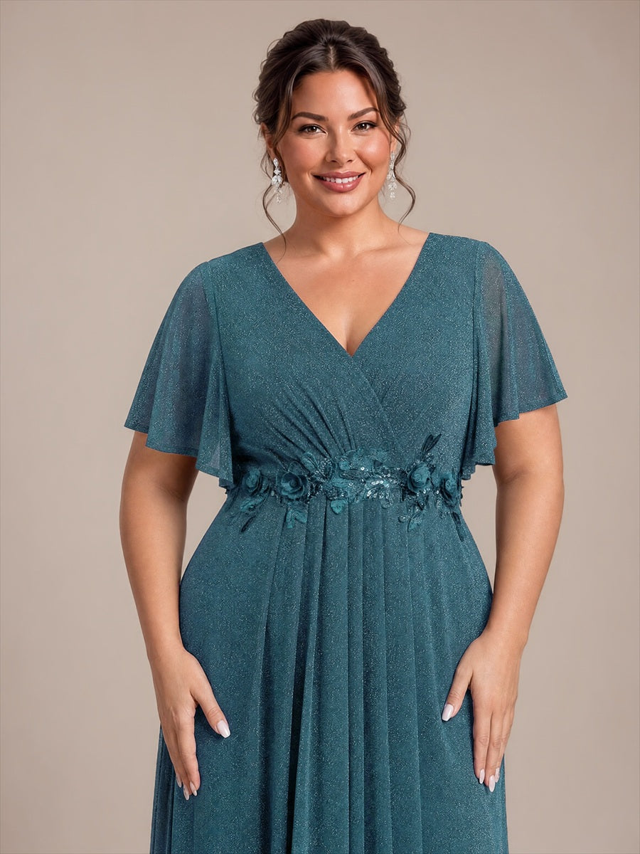 robe maxi plissée à manches courtes en V avec ourlet volant et fermeture éclair au dos #Couleur_Bleu Sarcelle