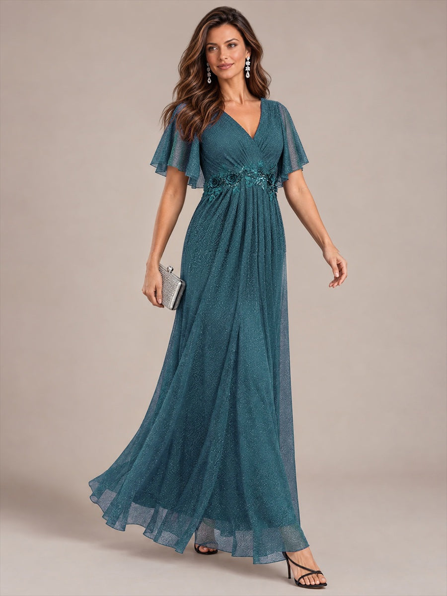 robe maxi plissée à manches courtes en V avec ourlet volant et fermeture éclair au dos #Couleur_Bleu Sarcelle