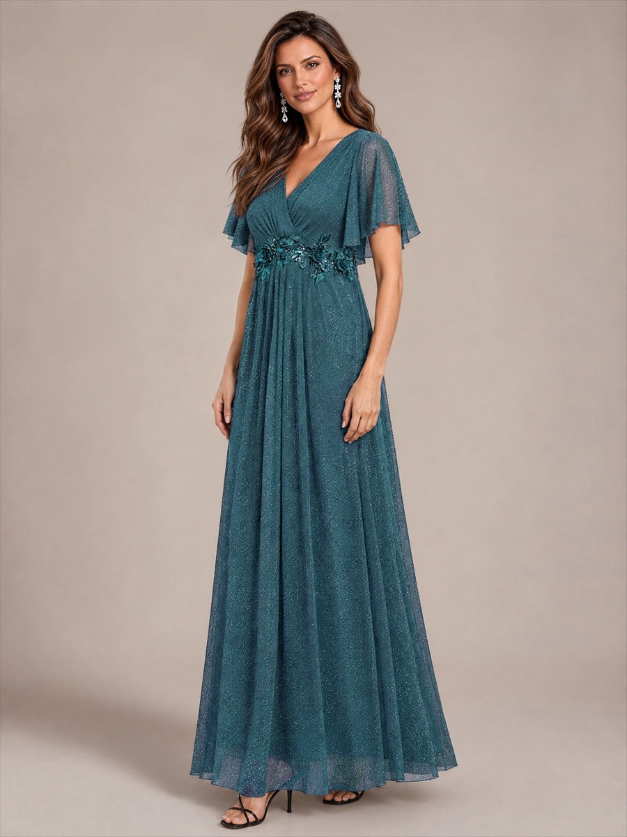 robe maxi plissée à manches courtes en V avec ourlet volant et fermeture éclair au dos #Couleur_Bleu Sarcelle