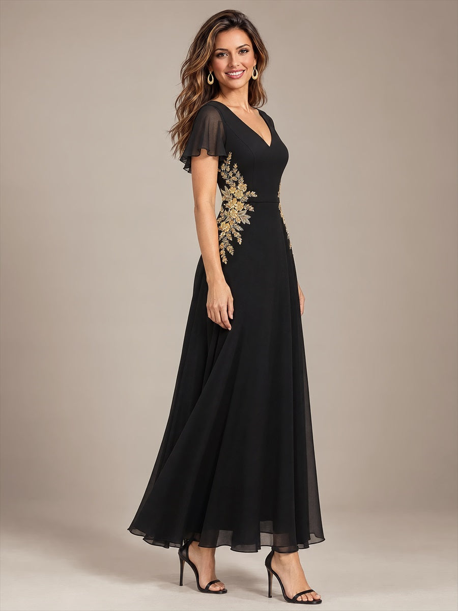Sequins Perlé Mousseline Coupe Trapèze Col V Robe de Soirée #Couleur_Noir
