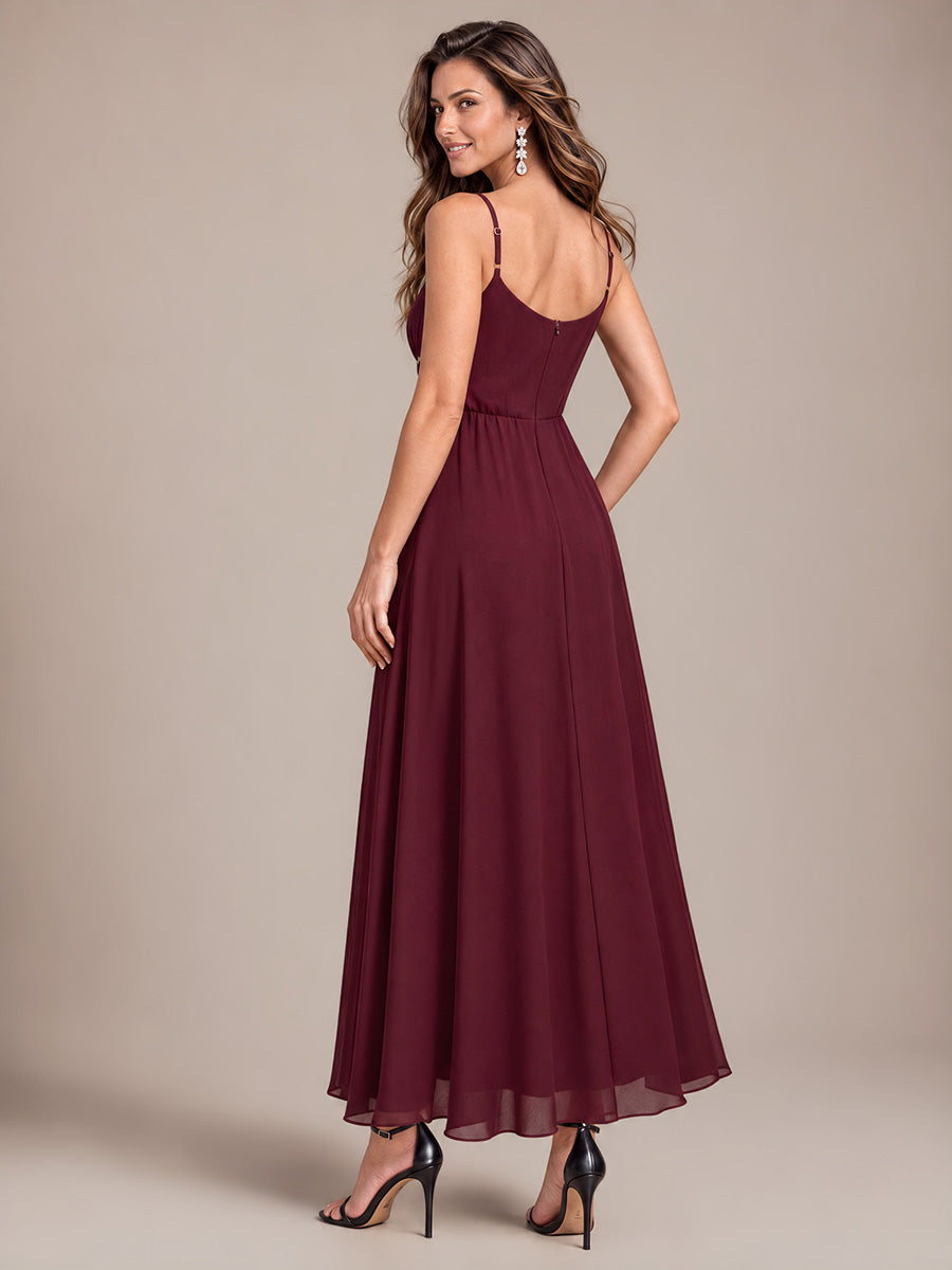 Sequins Mousseline Coupe Trapèze Col V Sans Manches Robe de Soirée #Couleur_Bordeaux