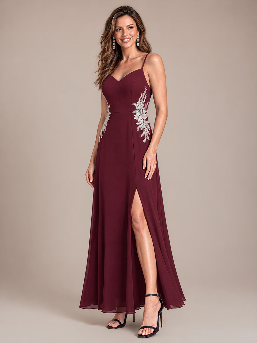Sequins Mousseline Coupe Trapèze Col V Sans Manches Robe de Soirée #Couleur_Bordeaux