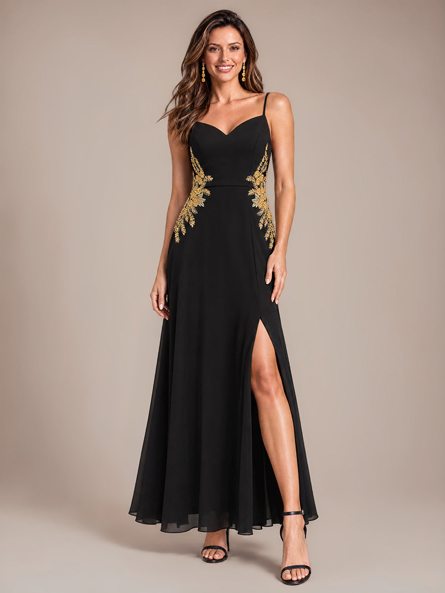 Sequins Mousseline Coupe Trapèze Col V Sans Manches Robe de Soirée #Couleur_Noir