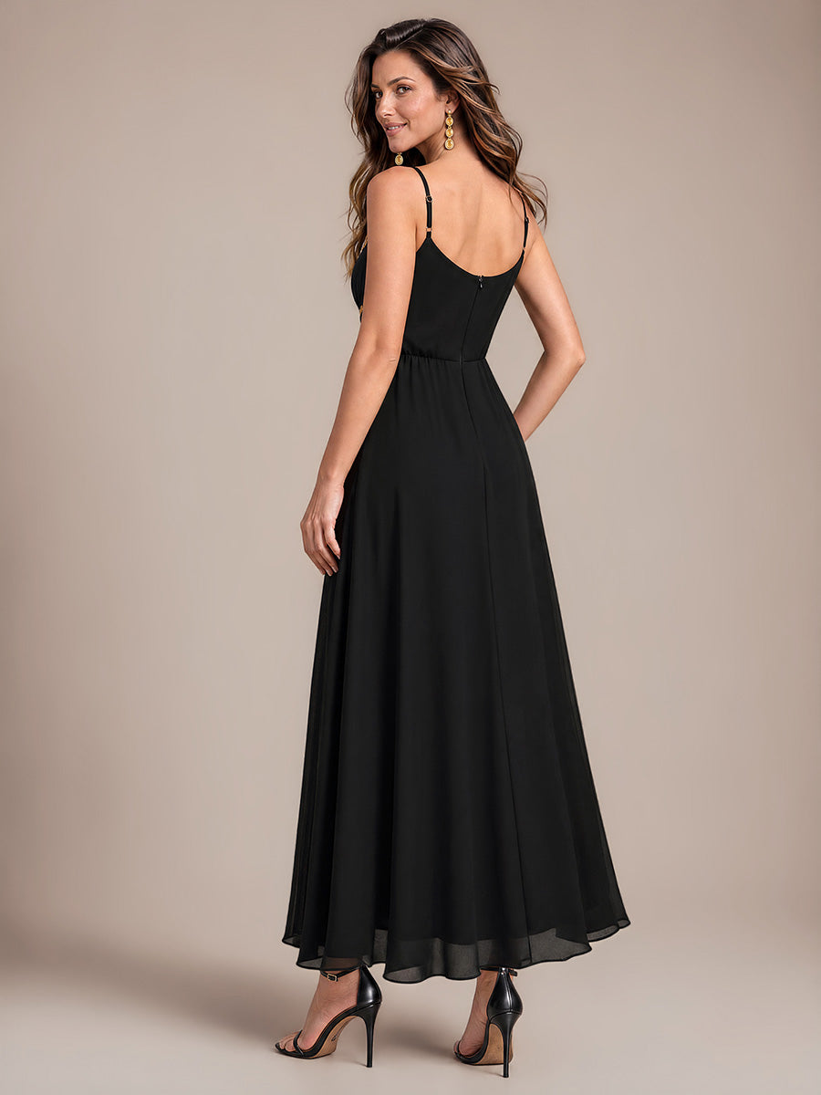 Sequins Mousseline Coupe Trapèze Col V Sans Manches Robe de Soirée #Couleur_Noir
