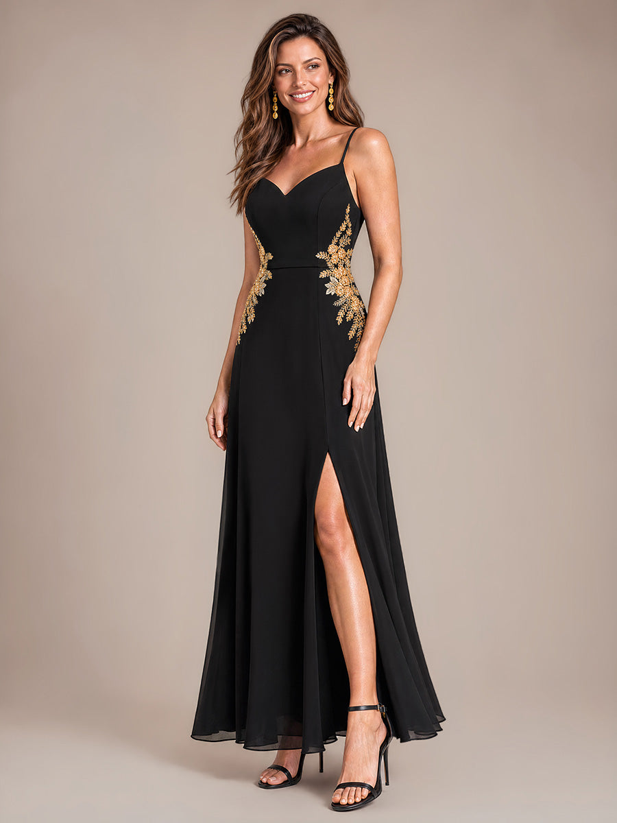 Sequins Mousseline Coupe Trapèze Col V Sans Manches Robe de Soirée #Couleur_Noir