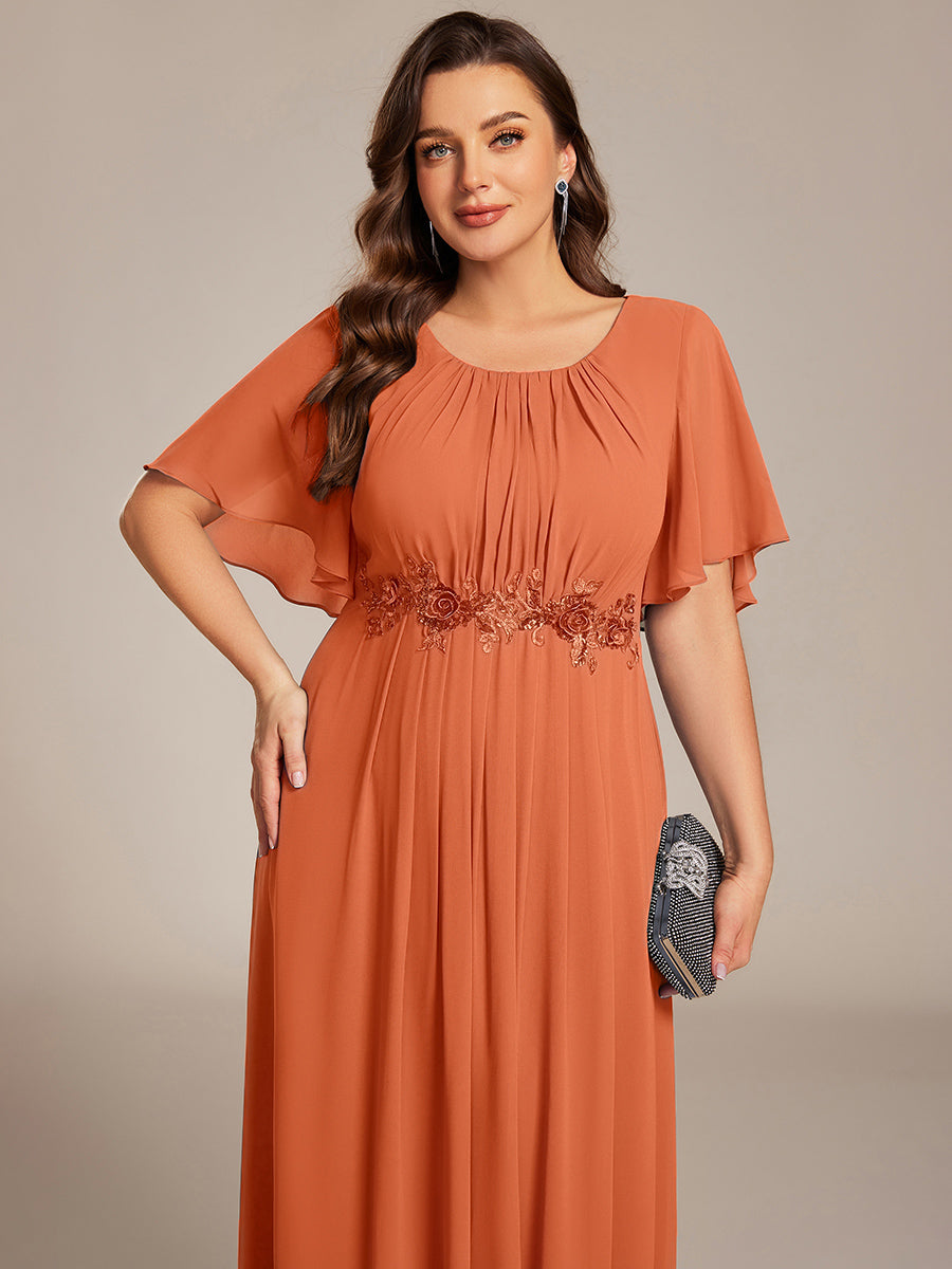 Robe D'invité De Mariage En Mousseline De Soie Mi-Longue Plissée à Manches à Volants Et Col En V #Couleur_Melon Ambré