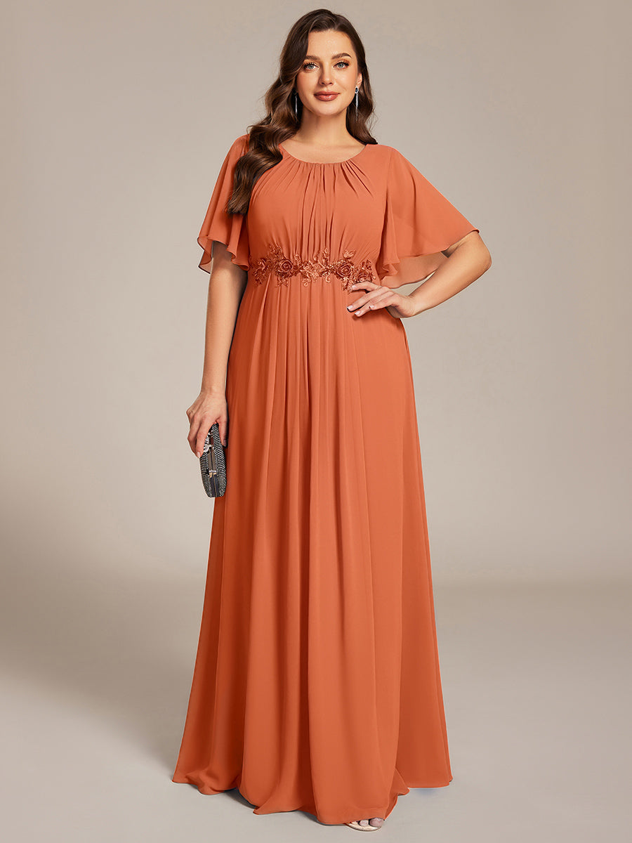 Robe D'invité De Mariage En Mousseline De Soie Mi-Longue Plissée à Manches à Volants Et Col En V #Couleur_Melon Ambré