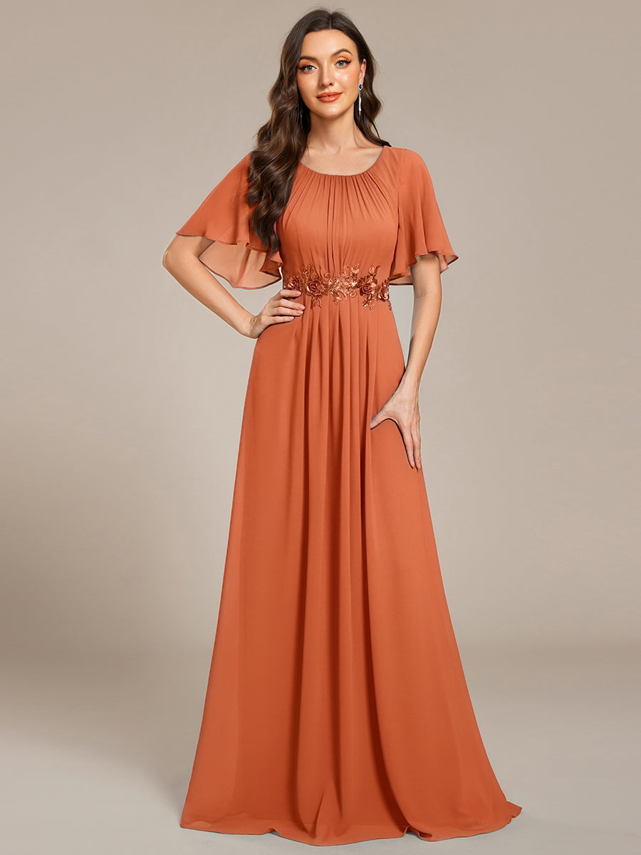 Robe de soirée trapèze à manches courtes et appliques plissées #Couleur_Melon au brandy