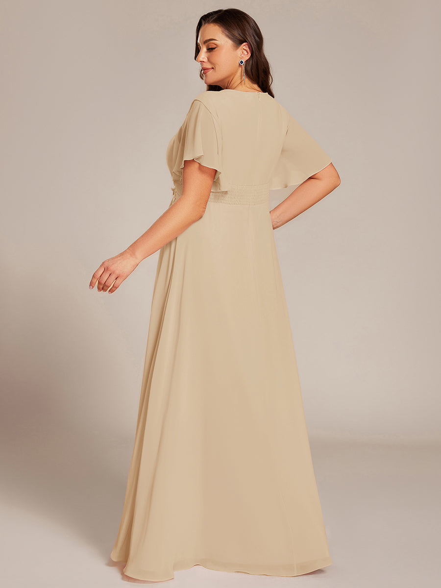 Robe D'invité De Mariage En Mousseline De Soie Mi-Longue Plissée à Manches à Volants Et Col En V  #Couleur_Charbon