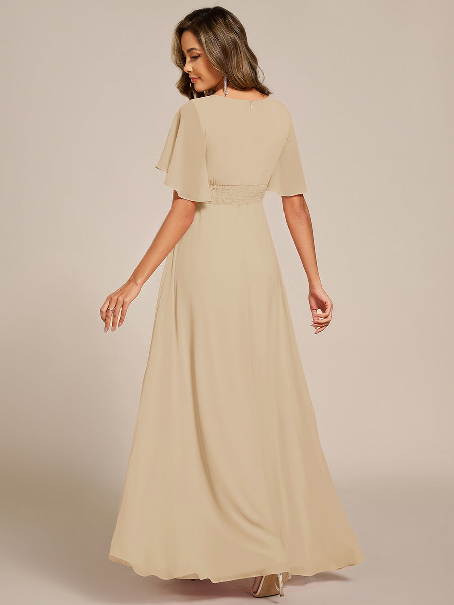 Robe D'invité De Mariage En Mousseline De Soie Mi-Longue Plissée à Manches à Volants Et Col En V  #Couleur_Charbon