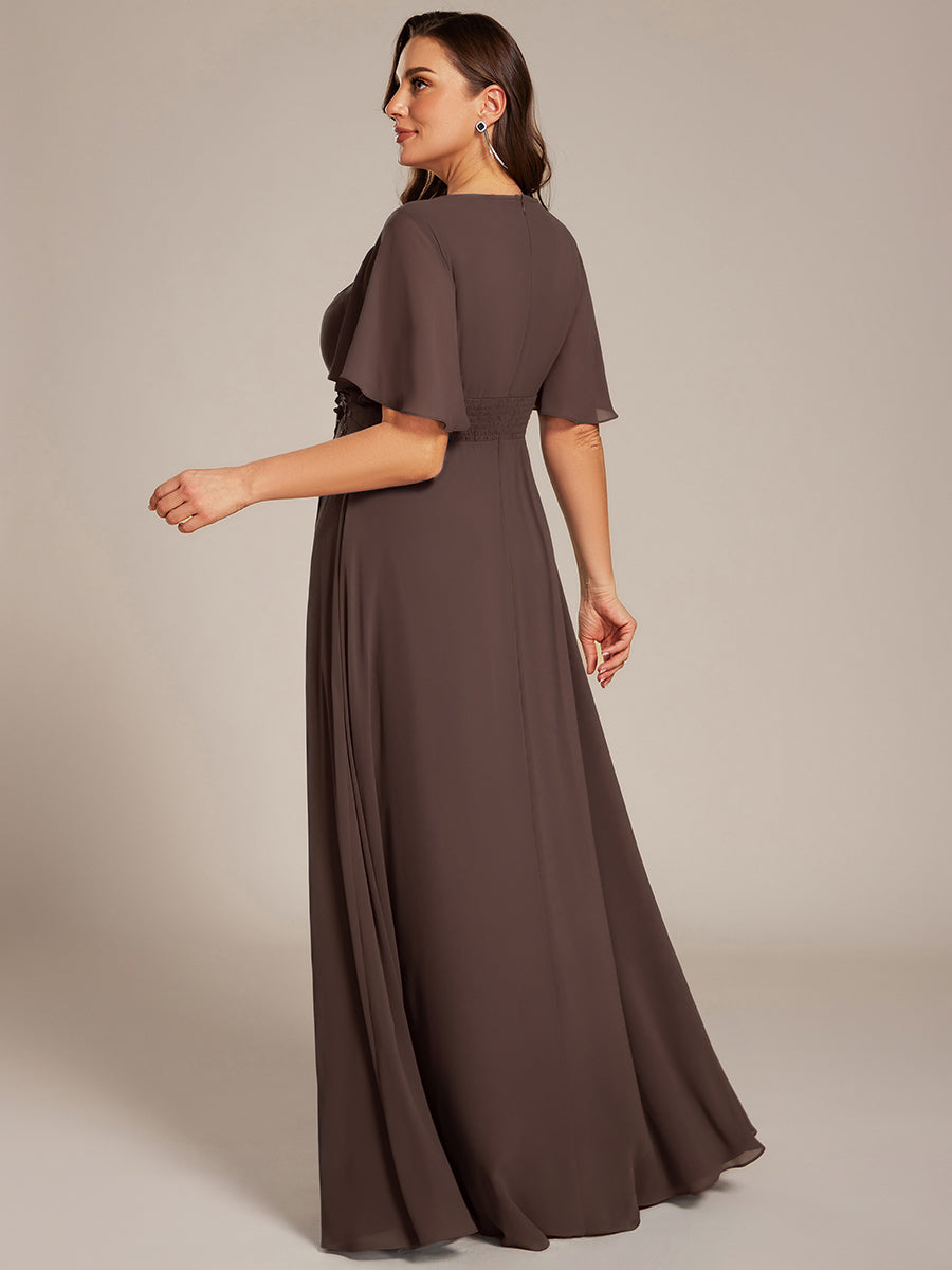 Robe de soirée trapèze à manches courtes et appliques plissées #Couleur_Brun espresso