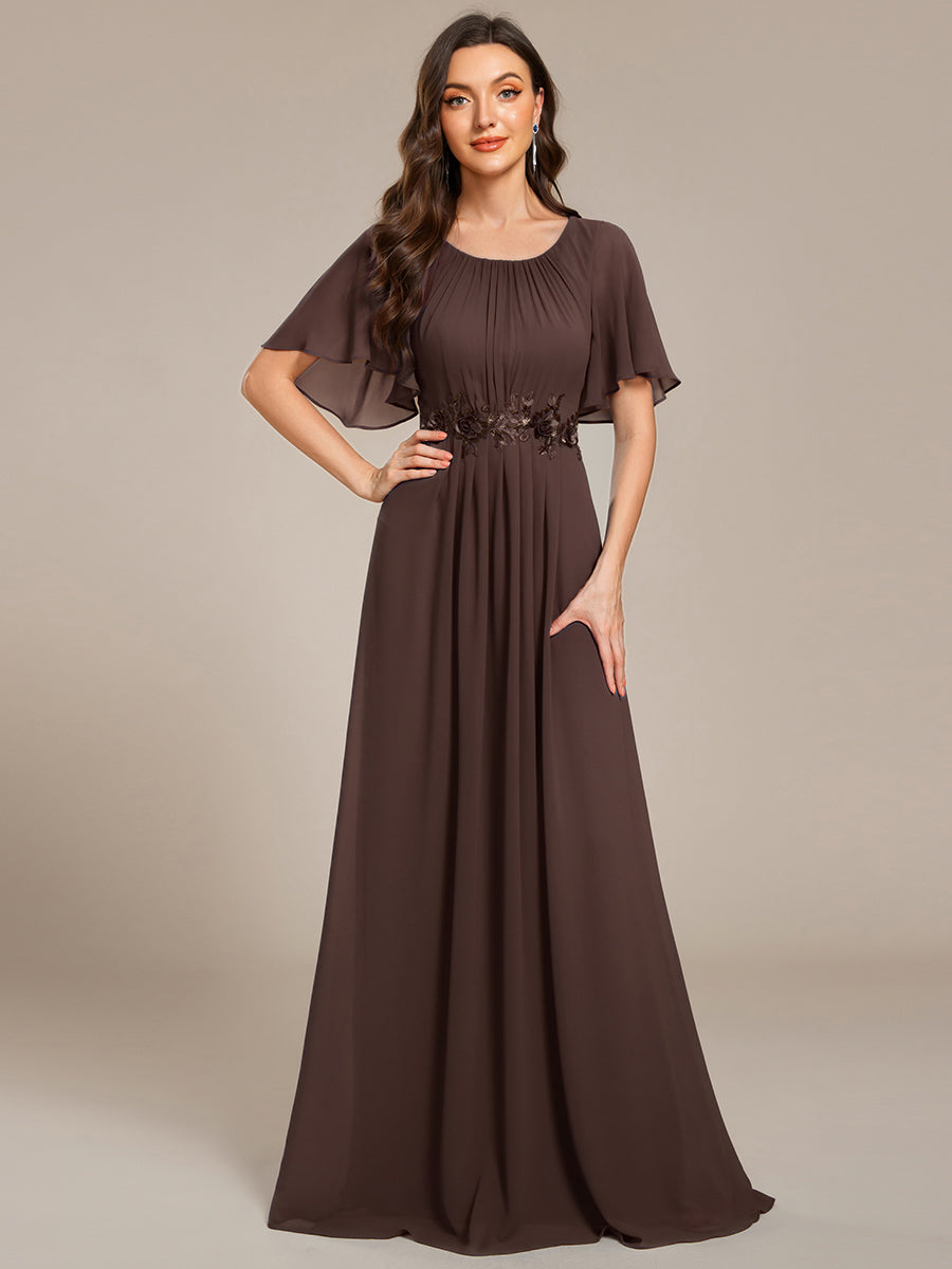Robe D'invité De Mariage En Mousseline De Soie Mi-Longue Plissée à Manches à Volants Et Col En V #Couleur_Marron Espresso