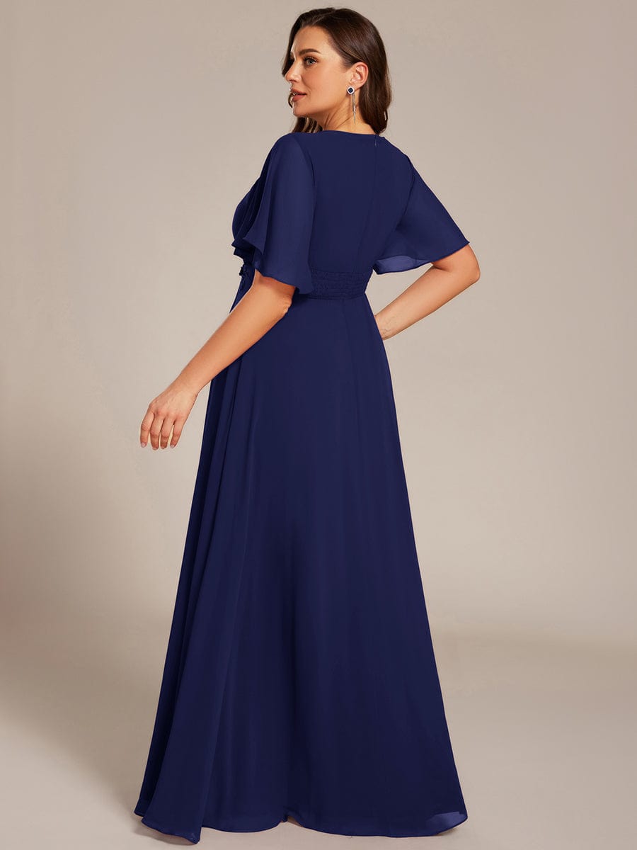 Robe D'invité De Mariage En Mousseline De Soie Mi-Longue Plissée à Manches à Volants Et Col En V  #Couleur_Bleu Marine