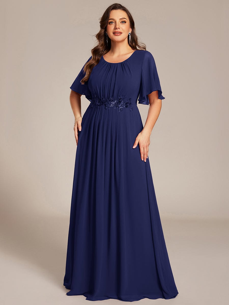 Robe D'invité De Mariage En Mousseline De Soie Mi-Longue Plissée à Manches à Volants Et Col En V  #Couleur_Bleu Marine